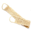 Beige woven sisal bath body scrubber with two looped handles for exfoliating and back scrubbing