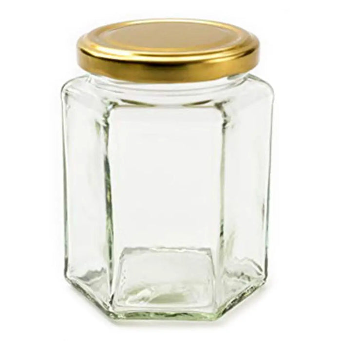 Clear hexagonal glass jam jar with gold metal lid ideal for homemade jams and wedding favours storage
