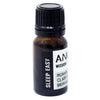 A sleek dark amber glass bottle with black cap and minimalist white label for sleep easy essential oil blend