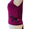 A vibrant magenta sleeveless open-back top with a black sequined elephant print and colorful embellishments