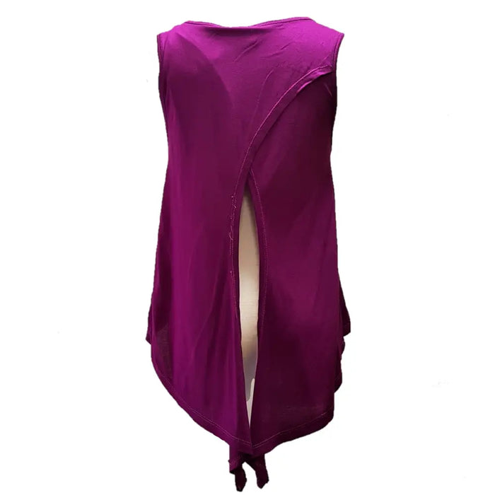 Sleeveless open back top in vibrant purple with flowing asymmetrical cut and embellished elephant print design