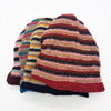 Slouchy wool beanie hat with bold red pink beige and navy stripes hand knitted for adults