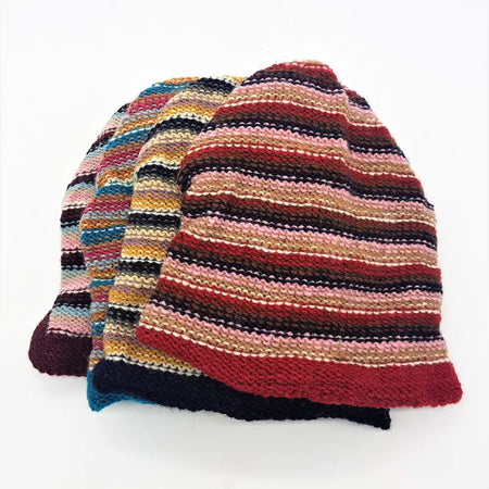 Slouchy wool beanie hat with bold red pink beige and navy stripes hand knitted for adults