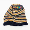 Slouchy wool beanie hat in colorful stripes of mustard yellow black beige and purple knit for adults