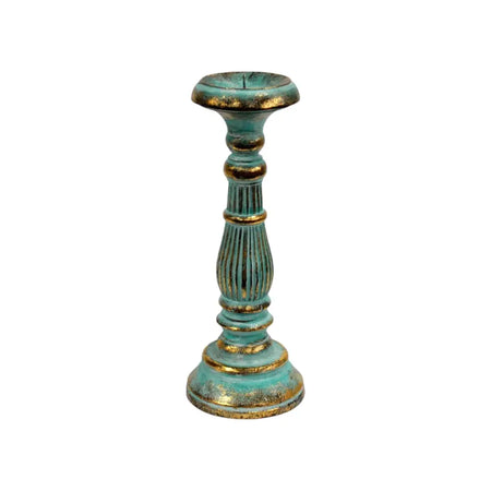Small albasia wood candle stand in turquoise with gold accents and fluted ornate design for decorative use