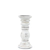 Small whitewash candle stand made of distressed mango wood with classic turned design and dark metal rim candle stand