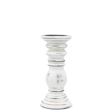 Small whitewash candle stand made of distressed mango wood with classic turned design and dark metal rim candle stand