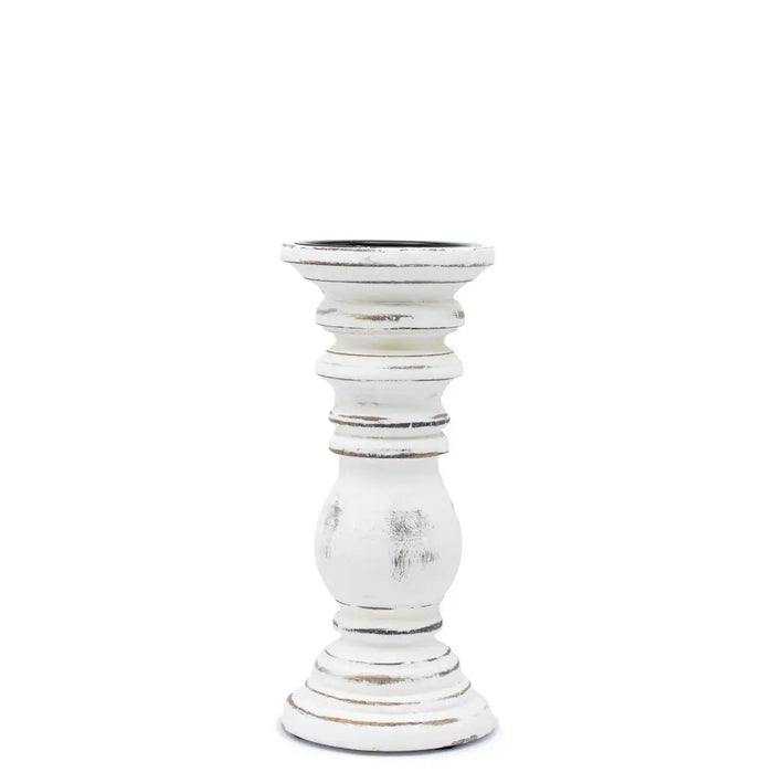 Small whitewash candle stand made of distressed mango wood with classic turned design and dark metal rim candle stand