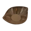 A small leaf-shaped ceramic plate in olive green brown and ivory with a glossy finish and beaded rim detailing