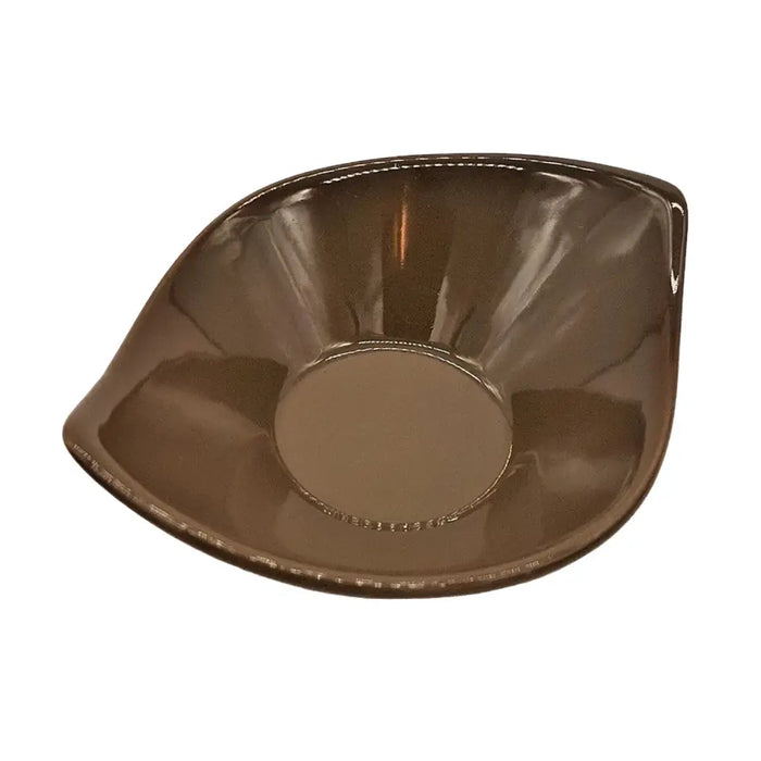 A small leaf-shaped ceramic plate in olive green brown and ivory with a glossy finish and beaded rim detailing
