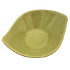 A small leaf-shaped ceramic plate in glossy olive green with smooth rounded edges and a unique design