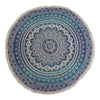 Blue and cream mandala patterned round cotton beach towel with fringed edges measuring 130cm diameter