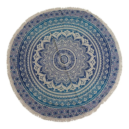 Blue and cream mandala patterned round cotton beach towel with fringed edges measuring 130cm diameter