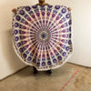 Small mandala roundie cotton blanket in peacock purples with white pattern and fringed edges measuring 130cm