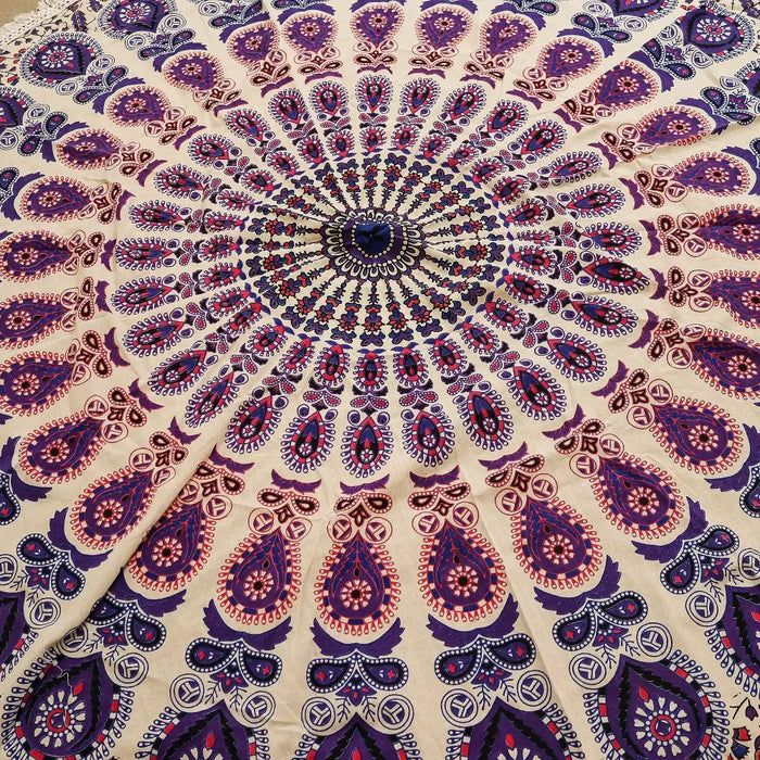 Small mandala roundie cotton art bedspread with vibrant purple and red paisley mandala on cream background 130cm