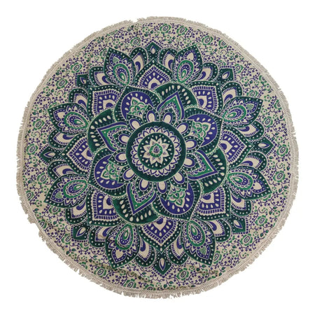 A small cotton beach towel with a green and purple mandala design on cream background and fringed edges