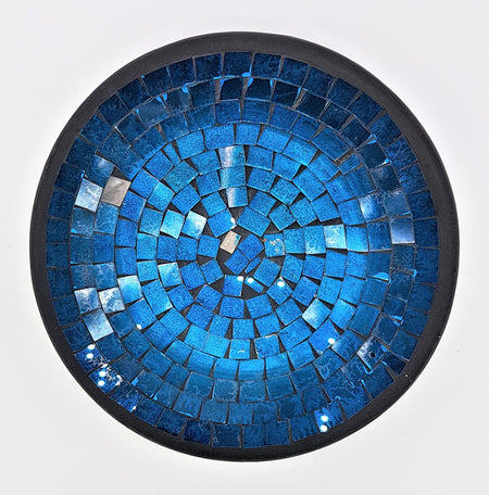 Small mosaic tile dish with circular blue glossy tile rings and a dark black border wall art design