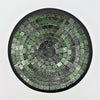 Small mosaic tile dish with circular green silver and black textured tiles in a sleek black frame