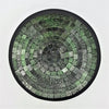Small mosaic tile dish with circular green silver and black textured tiles in a sleek black frame