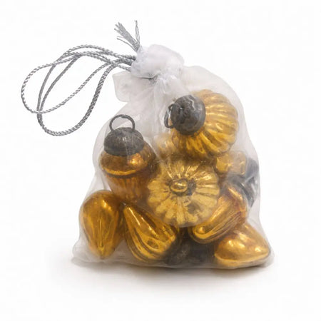 A clear plastic bag with 12 classic amber mouth-blown glass baubles featuring metallic caps and floral designs