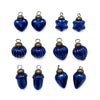Set of twelve small mouth-blown glass baubles in cobalt blue with brass caps shaped like hearts stars and pumpkins