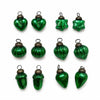 Set of twelve mouth-blown glass baubles in classic green with metallic caps and loops for hanging on trees