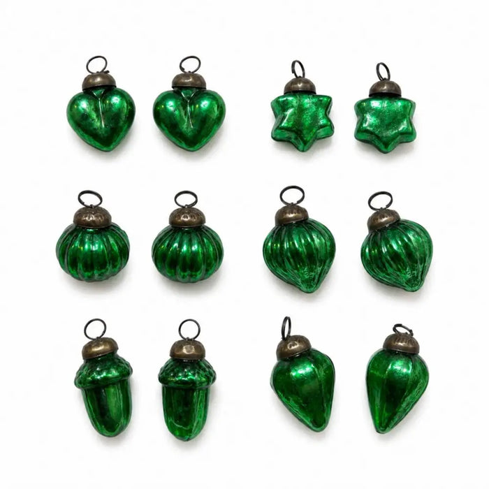 Set of twelve mouth-blown glass baubles in classic green with metallic caps and loops for hanging on trees