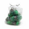 A bag of 12 classic green mouth-blown glass baubles with metallic caps inside a sheer white drawstring bag