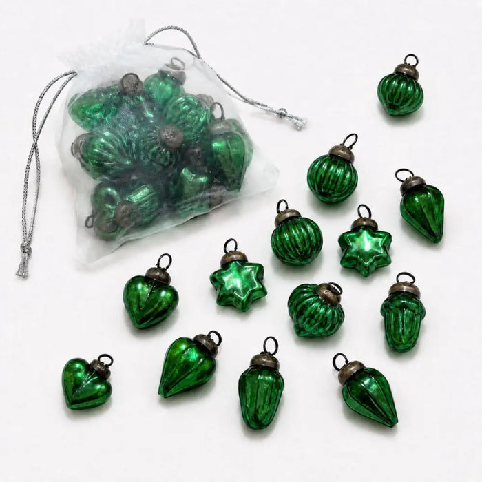 Small mouth-blown glass baubles in classic green with metallic caps for christmas decoration bag of 12