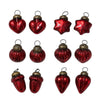 Set of twelve small red mouth-blown glass baubles in heart star pumpkin acorn and teardrop shapes with metal caps