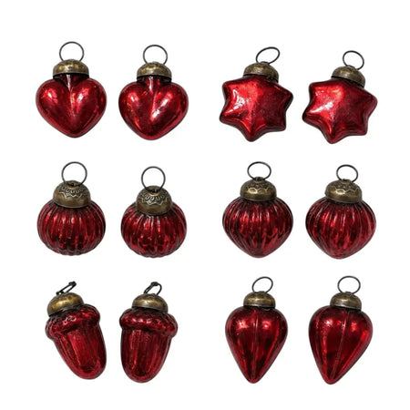 Set of twelve small red mouth-blown glass baubles in heart star pumpkin acorn and teardrop shapes with metal caps