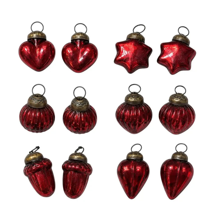 Set of twelve small red mouth-blown glass baubles in heart star pumpkin acorn and teardrop shapes with metal caps