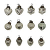 Set of small mouth-blown glass baubles silver mercury glass with textured surfaces and dark metal caps bag of 12