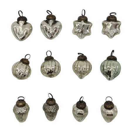 Set of small mouth-blown glass baubles silver mercury glass with textured surfaces and dark metal caps bag of 12
