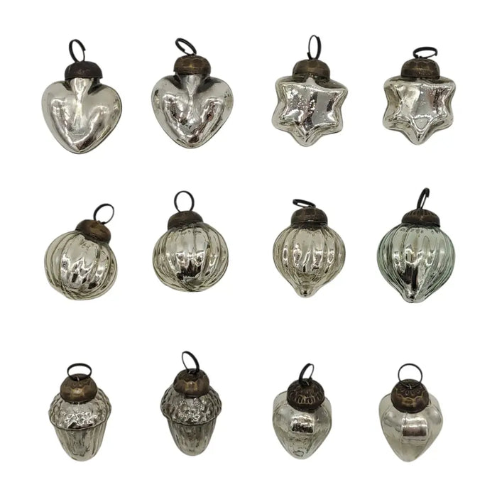 Set of small mouth-blown glass baubles silver mercury glass with textured surfaces and dark metal caps bag of 12