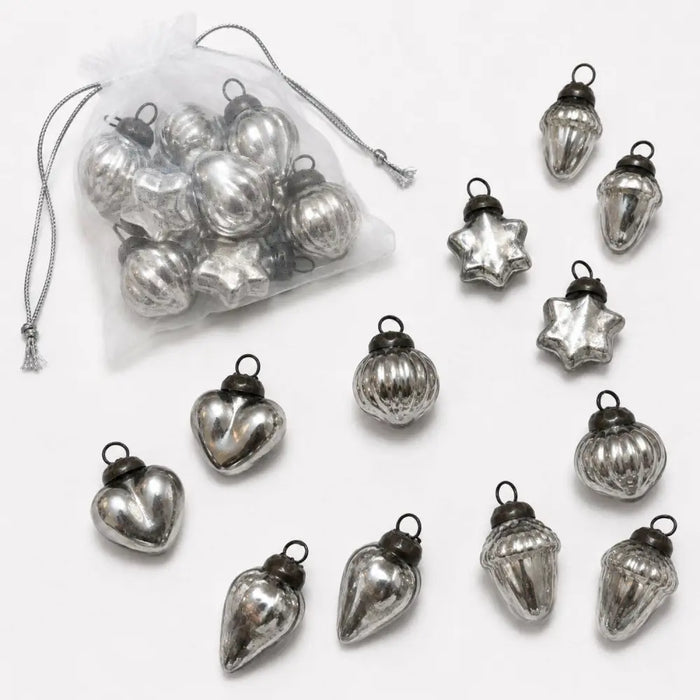 Silver heart star and acorn mouth-blown glass baubles with black metal caps in a bag of 12 classic glass baubles