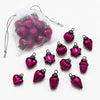 Fuschia mouth-blown glass baubles in heart star and teardrop shapes with metallic caps in a bag of 12