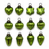 Set of twelve lime green mouth-blown glass baubles with metallic caps for holiday decoration or craft use