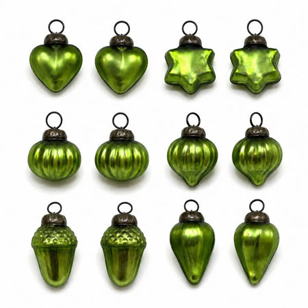 Set of twelve lime green mouth-blown glass baubles with metallic caps for holiday decoration or craft use