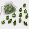 Small mouth-blown glass baubles in lime green with heart star and acorn shapes and metallic caps in a bag of 12