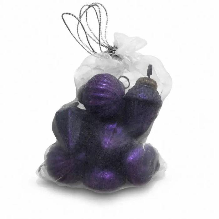 Small mouth-blown glass baubles in purple glittery finish packed in a clear plastic bag of 12 glass baubles
