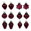Set of twelve deep burgundy mouth-blown glass baubles in heart star and acorn shapes with metallic caps