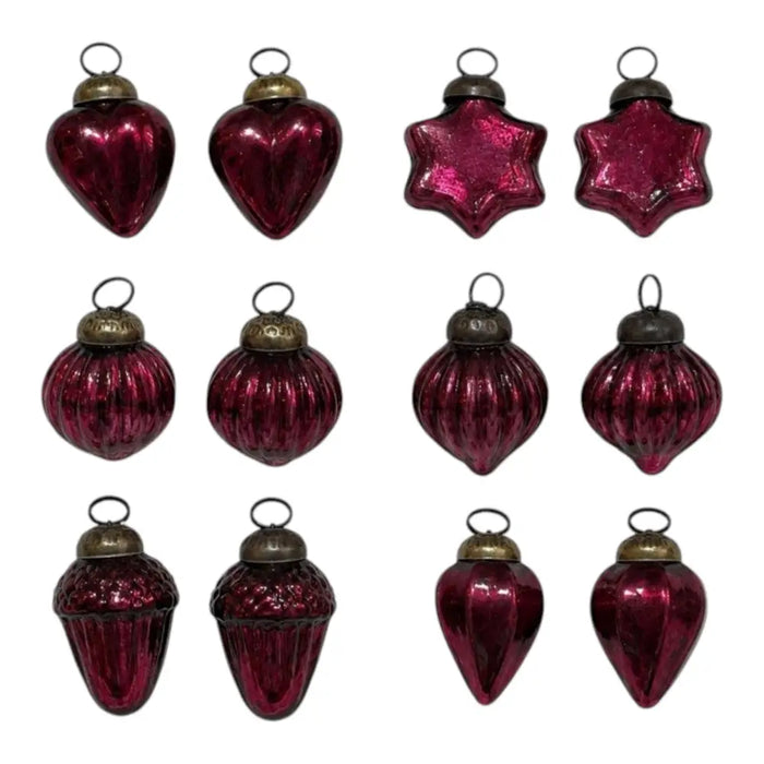 Set of twelve deep burgundy mouth-blown glass baubles in heart star and acorn shapes with metallic caps