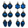 Set of twelve turquoise mouth-blown glass baubles with metallic caps in heart star round and acorn shapes