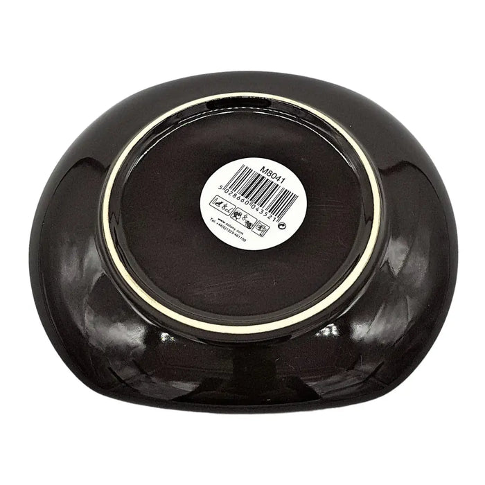 Small oval ceramic plate in black with a glossy finish and subtle textured ridges along its sides