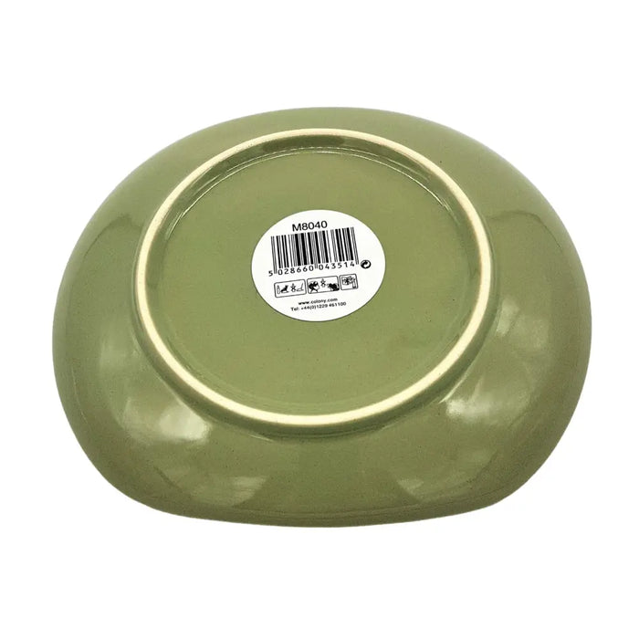 Small oval ceramic plate in olive green with a glossy finish and subtle gold rim for serving small dishes