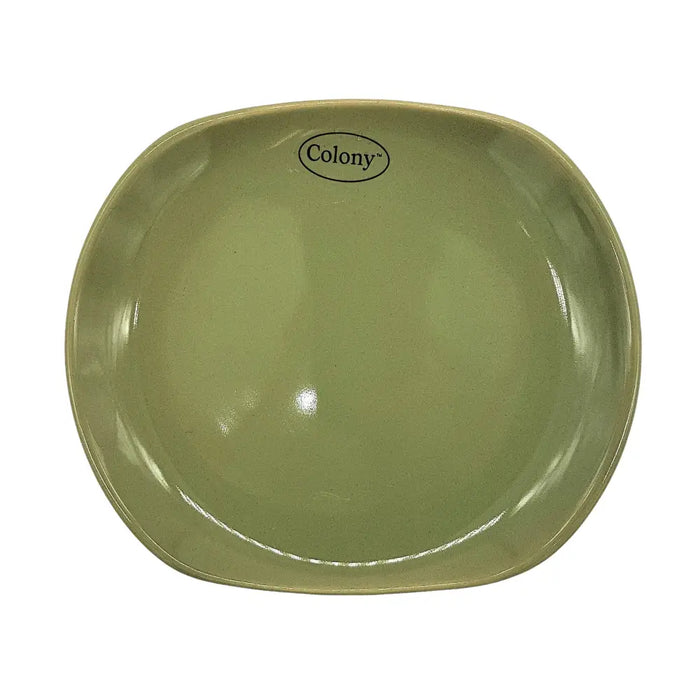 Small oval olive green ceramic plate with glossy finish rounded edges and colony brand logo at the center
