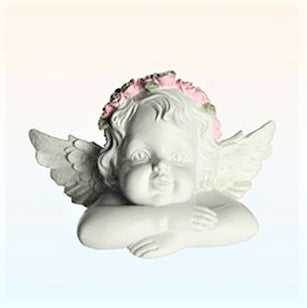 Small resting angel ornament with folded arms white resin and delicate pink floral crown with soft sculpted wings