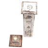 Distressed white and brown wooden smoke tower incense burner with ornate metal embellishments in whitewash finish