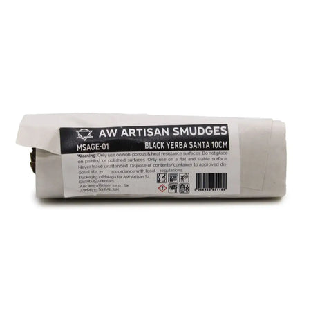 A roll of black yerba santa sage smudges wrapped in white paper labeled 10cm artisanal smudge stick